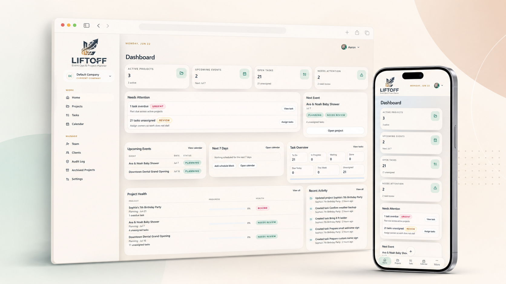 LiftOff dashboard showing desktop and mobile views