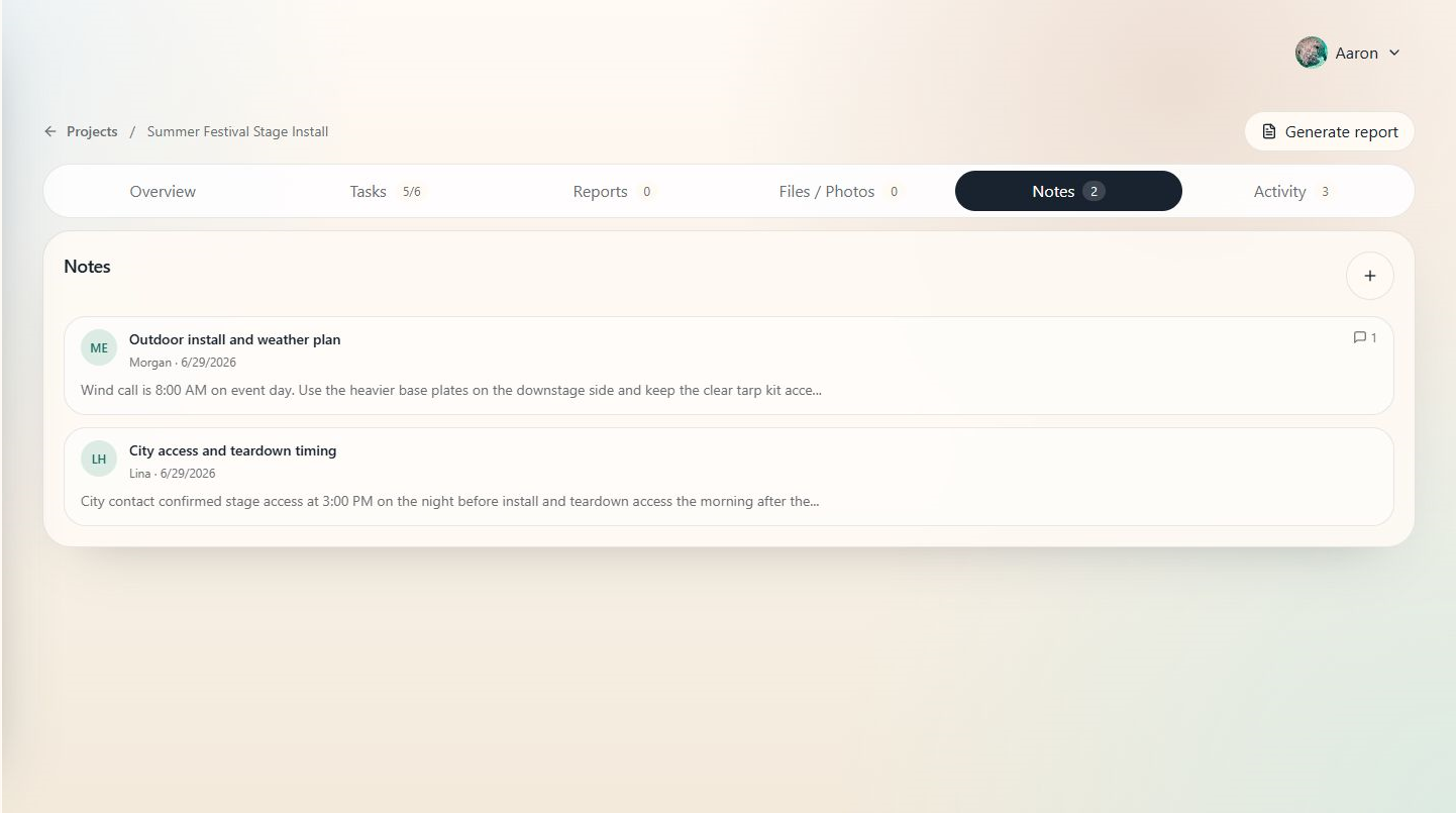 Project notes and AI suggestions area