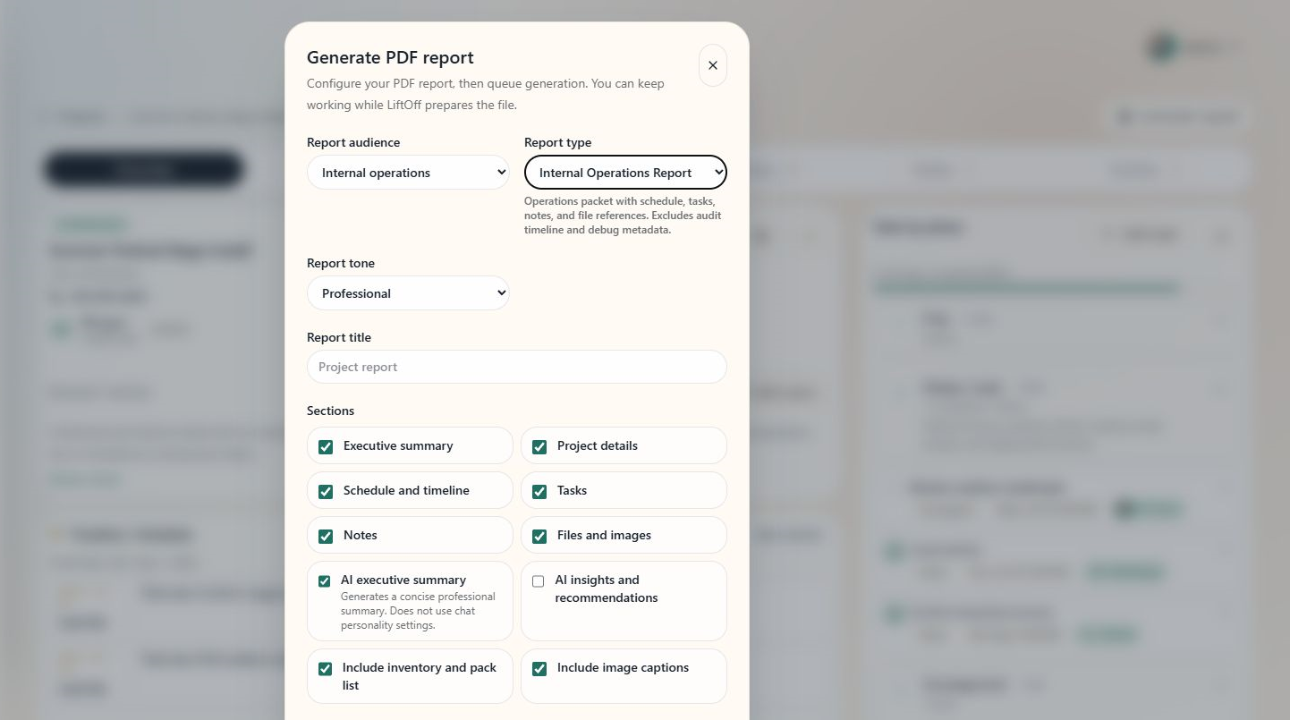 Report setup dialog